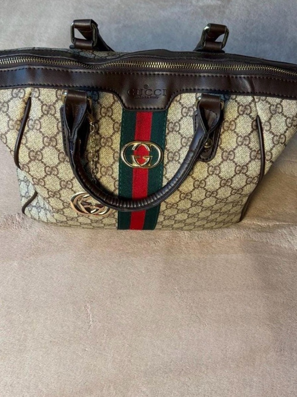 Gucci Beige GG Supreme Canvas Tote with Brown Leather Trim and Web Stripe